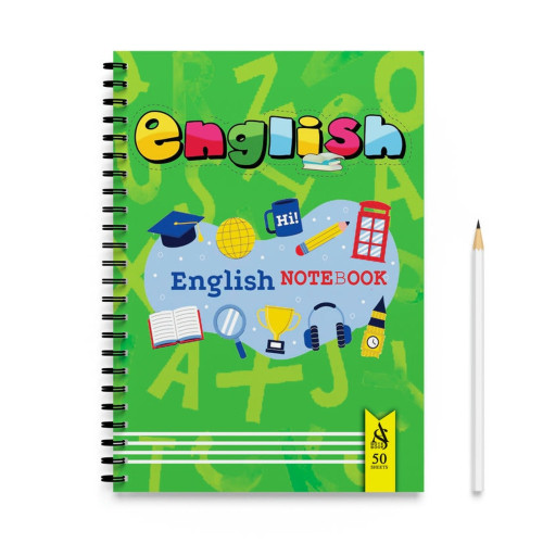 دفتر زبان 50 برگ 4 خط جلد پرسی مجلد خط کشی‌ها دو رنگ قرمز و آبی طرح فانتزی مدل English Notebook